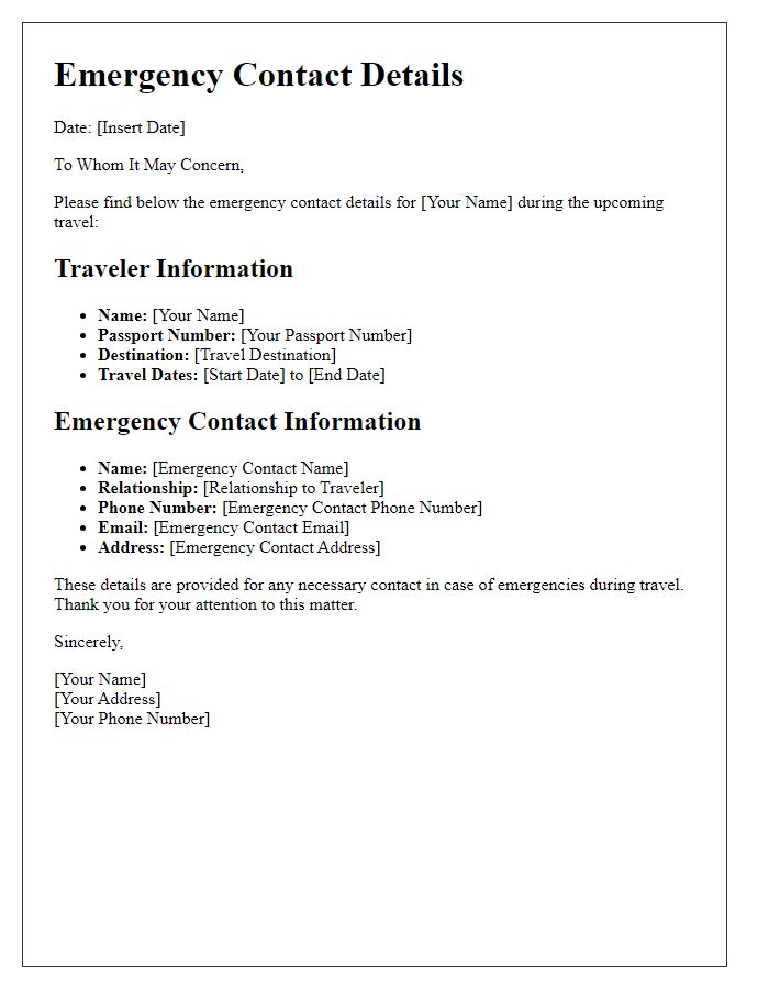 Letter template of emergency contact details for travel arrangements