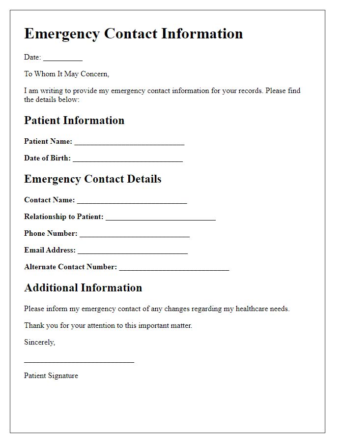 Letter template of emergency contact information for healthcare providers