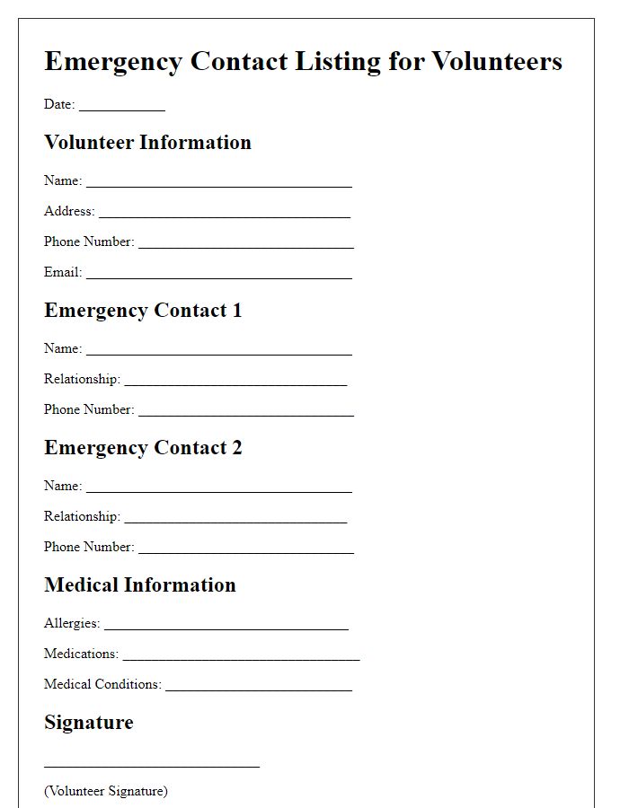 Letter template of emergency contact listing for volunteer organizations