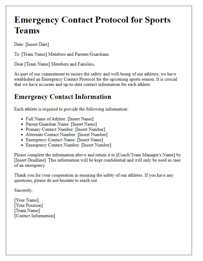 Letter template of emergency contact protocol for sports teams