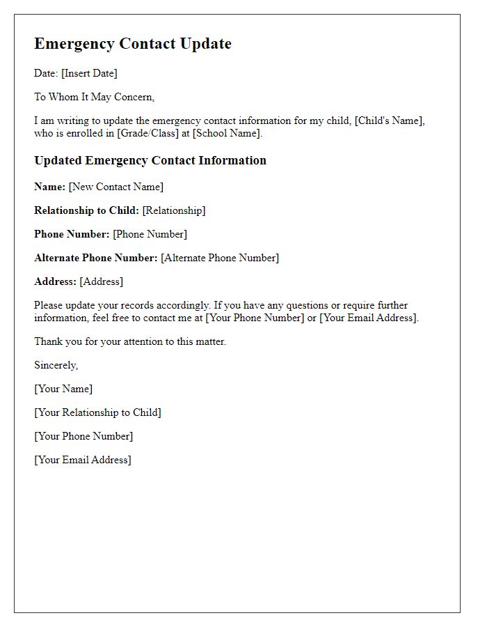 Letter template of emergency contact update for school