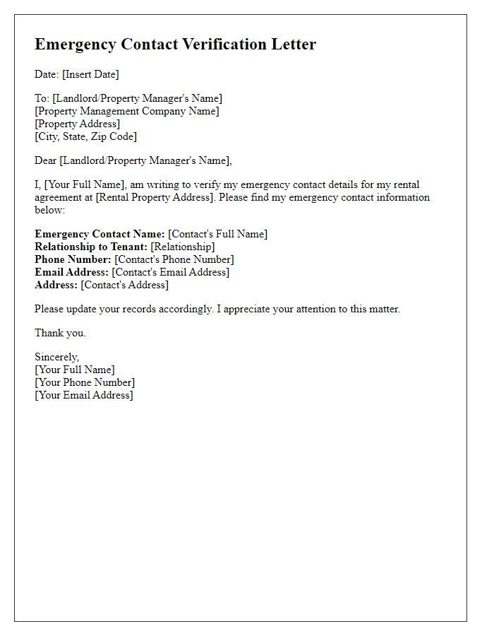 Letter template of emergency contact verification for rental agreements