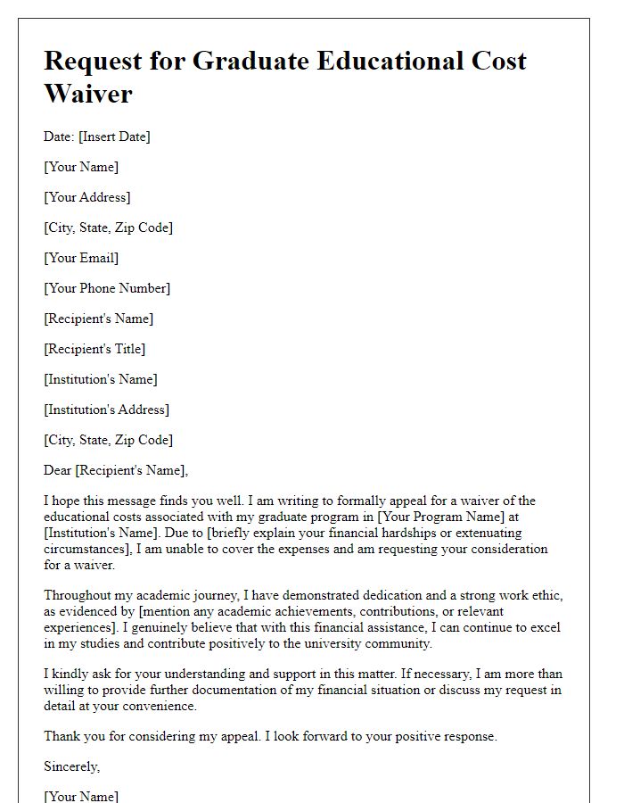 Letter template of appeal for graduate educational cost waiver.