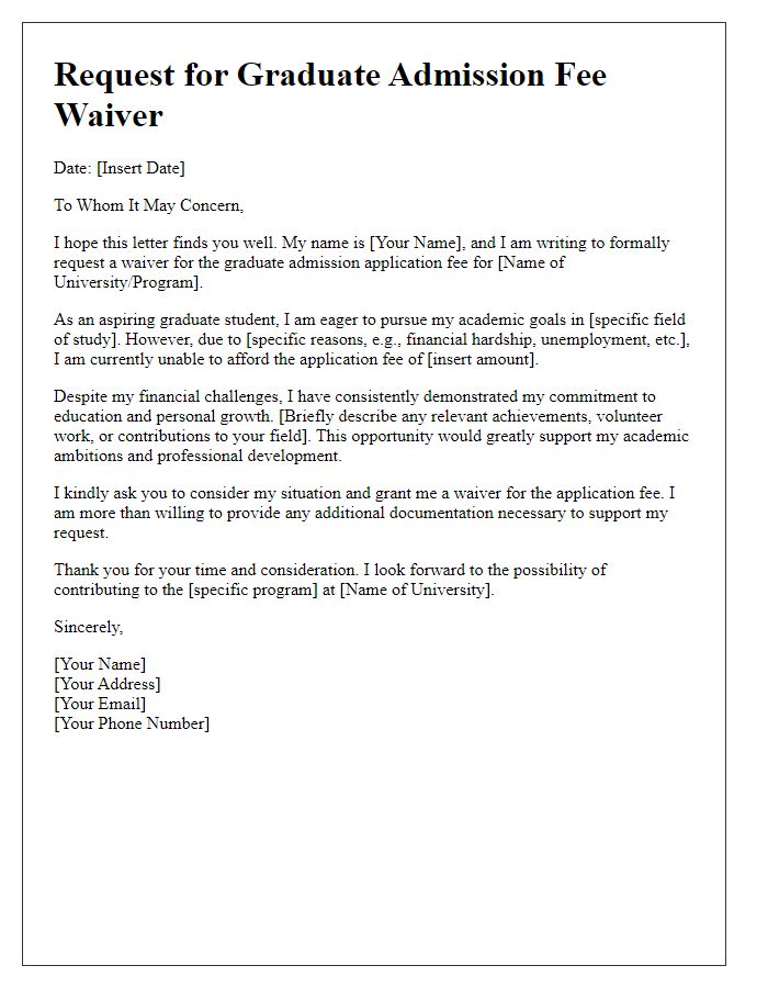 Letter template of justification for graduate admission fee waiver.