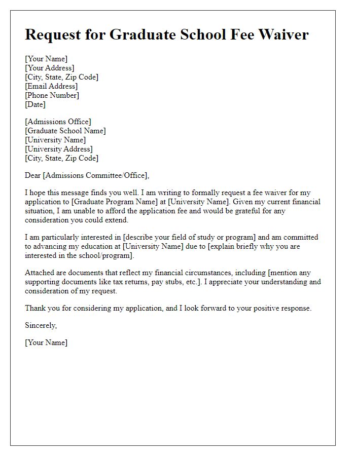 Letter template of request for consideration of graduate school fee waiver.