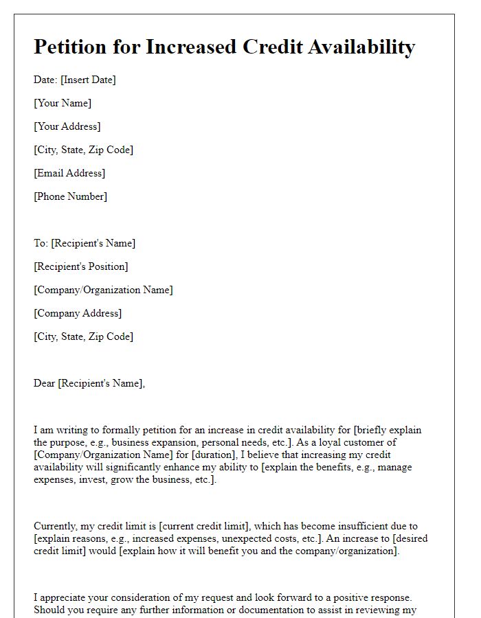 Letter template of petition for increased credit availability