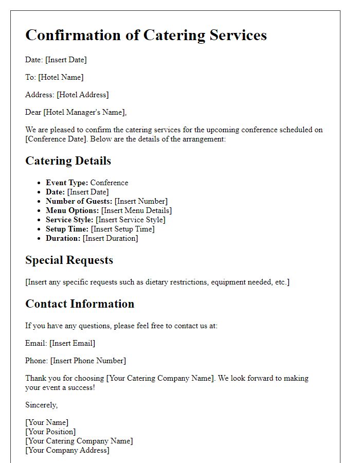 Letter template of catering services arrangement for hotel conference.