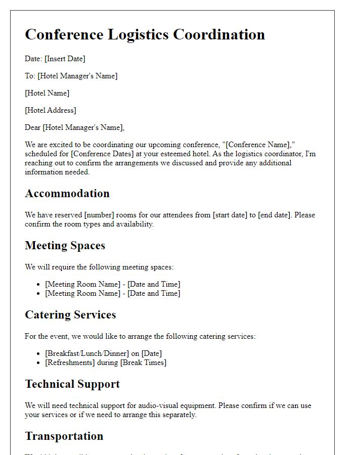 Letter template of conference logistics coordination with hotel management.