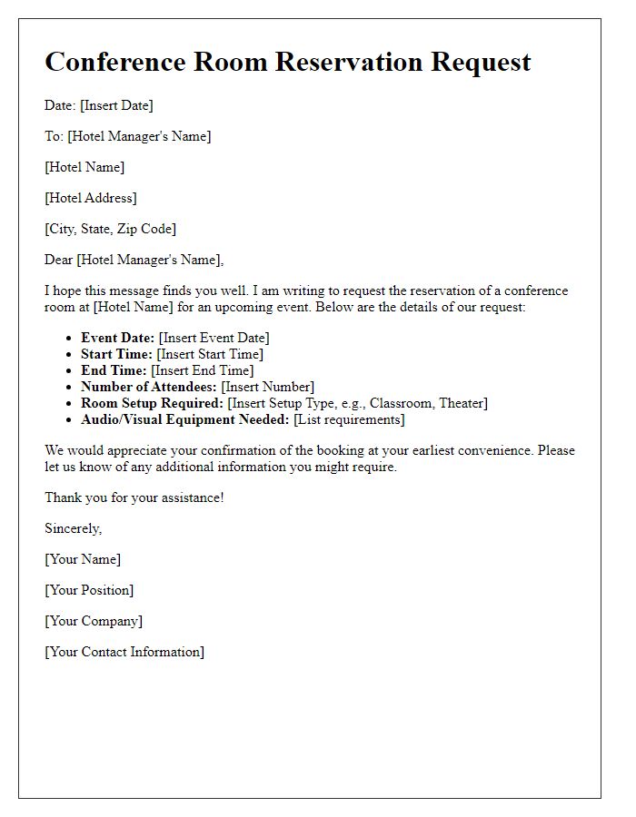 Letter template of conference room reservation for hotel event.