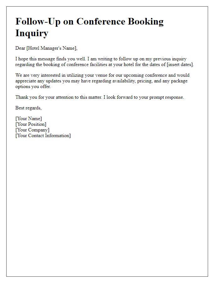 Letter template of follow-up on hotel conference booking inquiry.