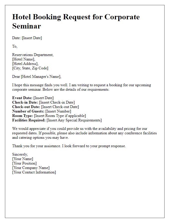 Letter template of hotel booking request for corporate seminar.