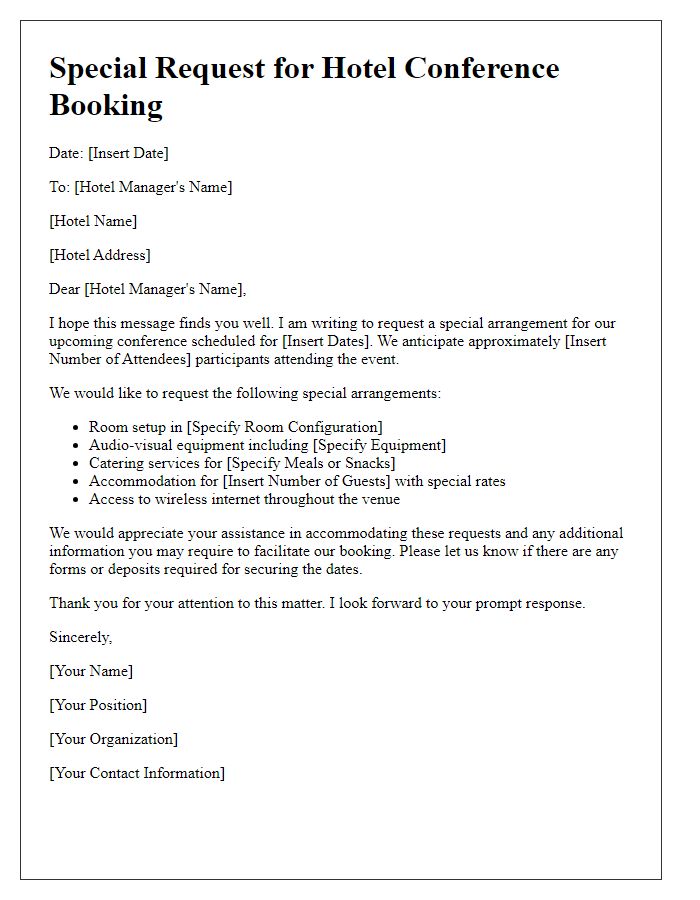 Letter template of special requests for hotel conference booking.