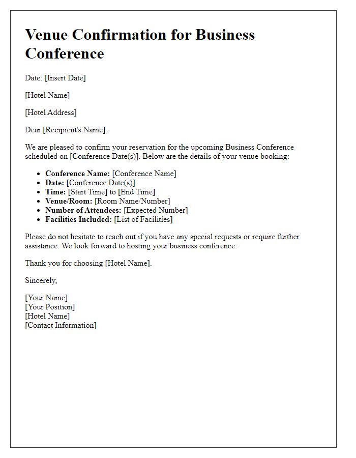 Letter template of venue confirmation for business conference at hotel.