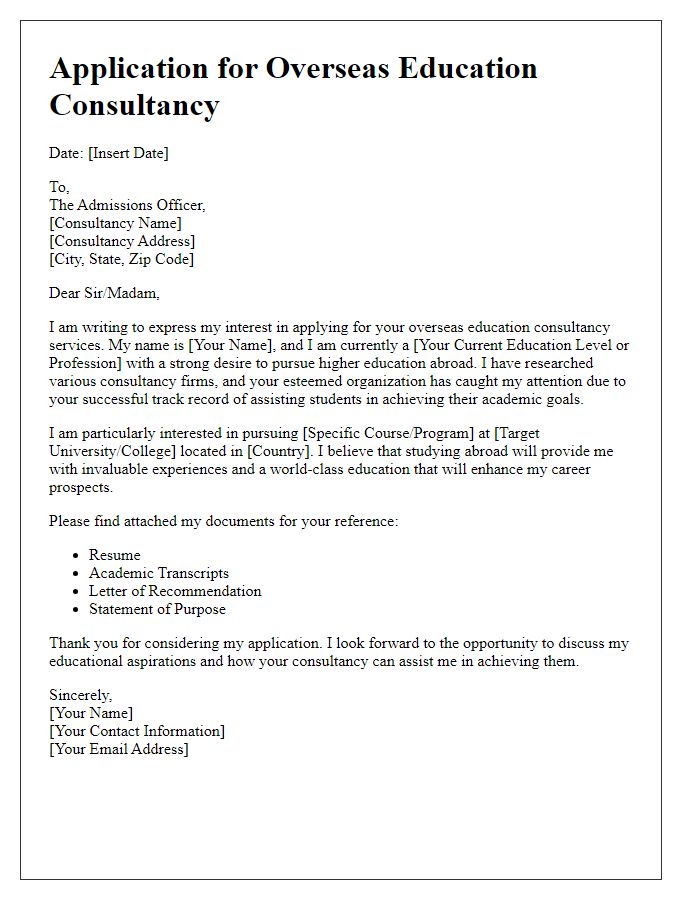 Letter template of Overseas Education Consultancy Application