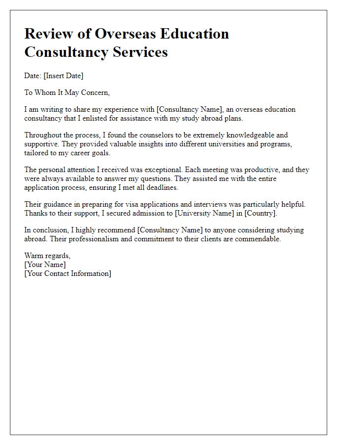 Letter template of Overseas Education Consultancy Service Review