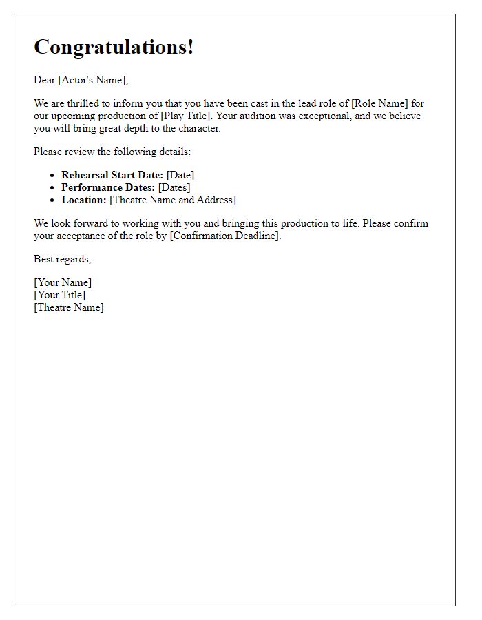 Letter template of theatre audition acceptance for lead role.