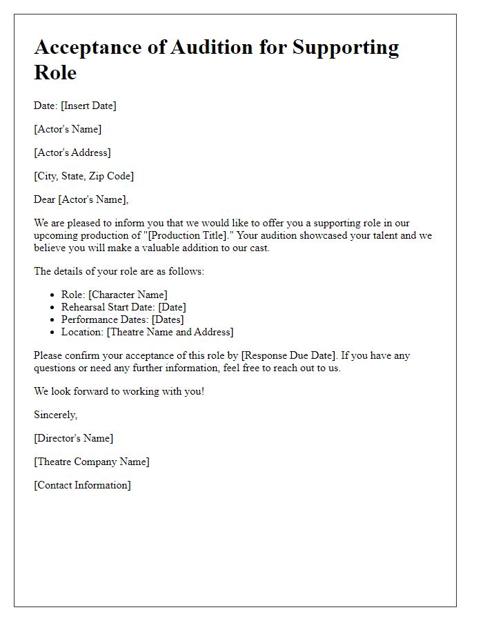 Letter template of theatre audition acceptance for supporting role.