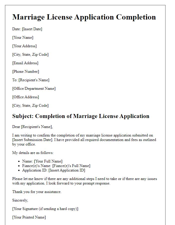 Letter template of completion of marriage license application