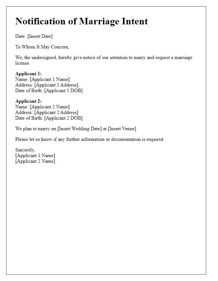 Letter template of notification of marriage intent for license