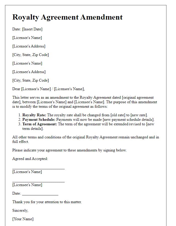 Letter template of royalty agreement amendment