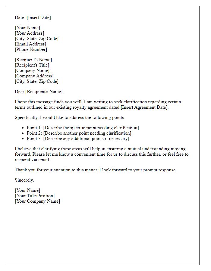 Letter template of royalty agreement clarification