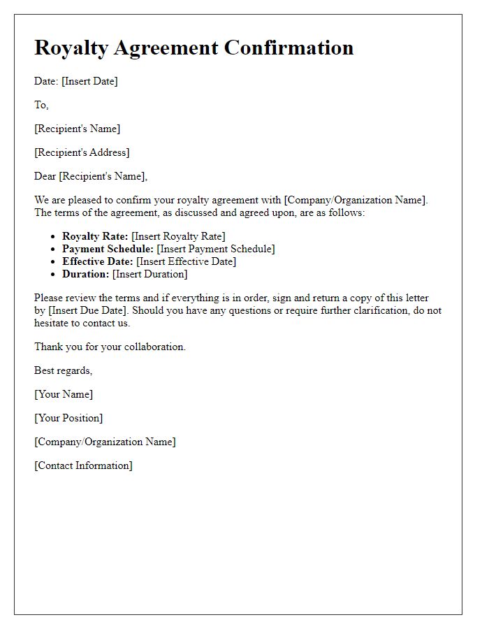 Letter template of royalty agreement confirmation