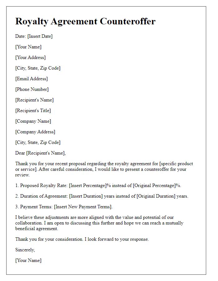 Letter template of royalty agreement counteroffer