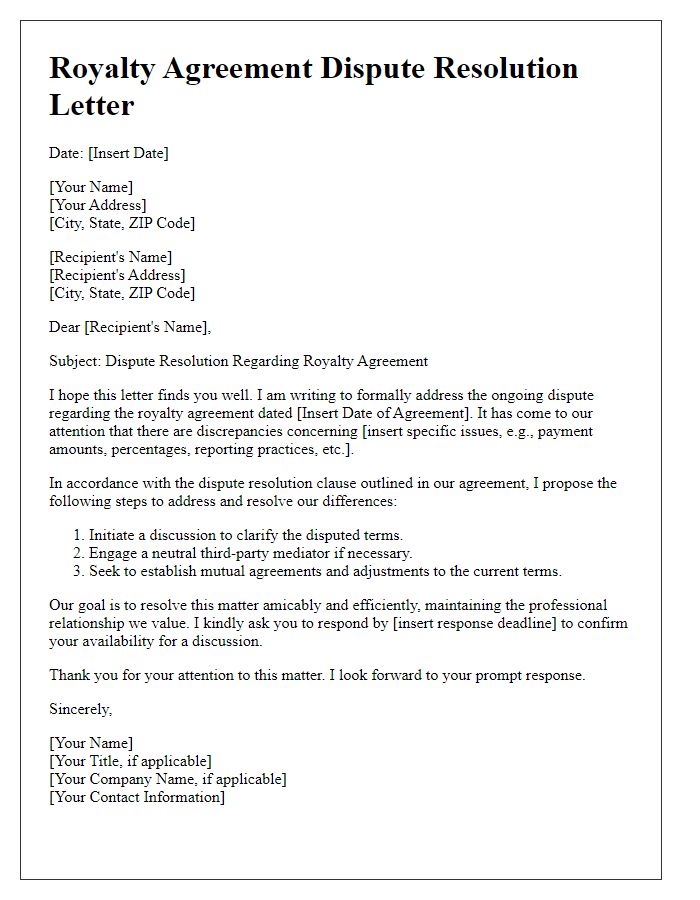 Letter template of royalty agreement dispute resolution