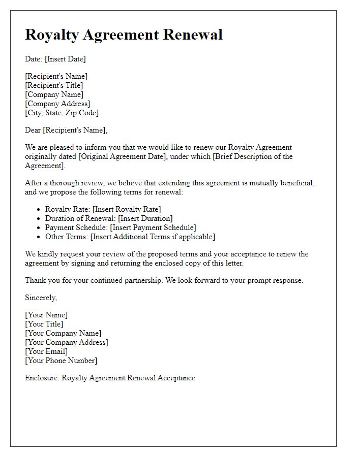 Letter template of royalty agreement renewal