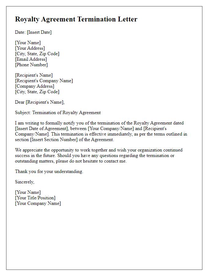 Letter template of royalty agreement termination