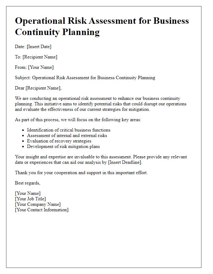 Letter template of operational risk assessment for business continuity planning