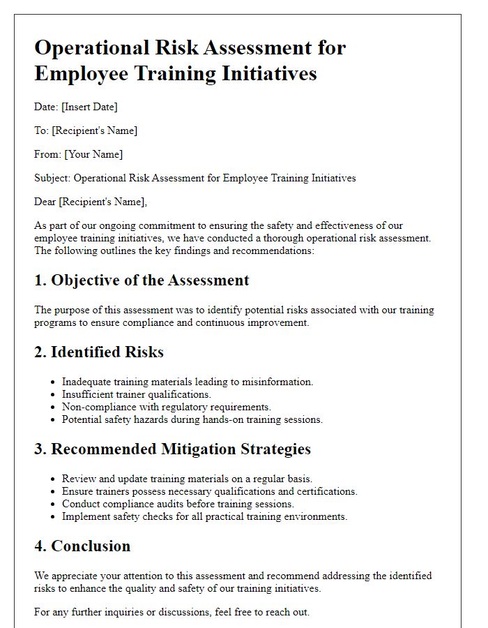 Letter template of operational risk assessment for employee training initiatives