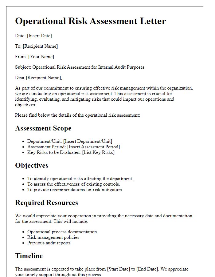 Letter template of operational risk assessment for internal audit purposes