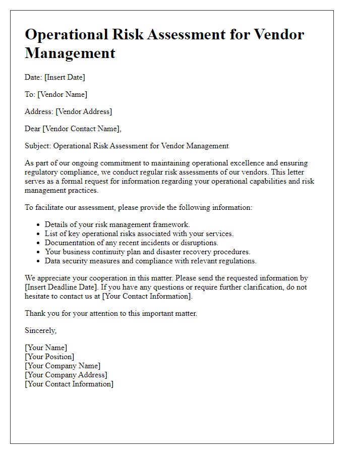 Letter template of operational risk assessment for vendor management