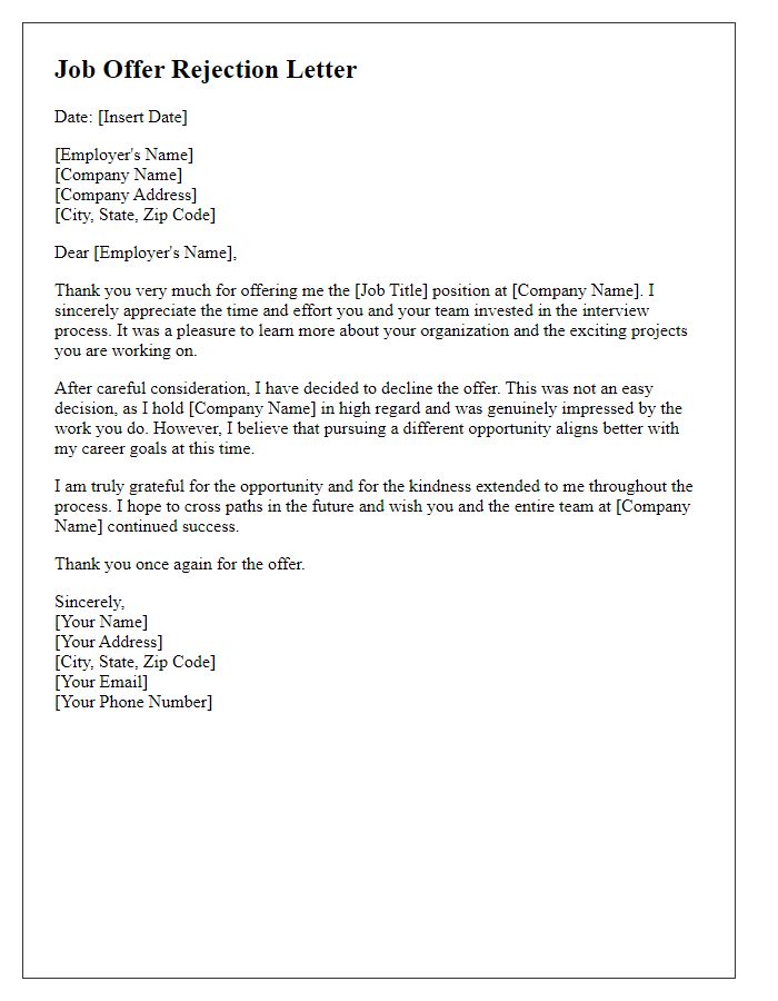 Letter template of job offer rejection with appreciation