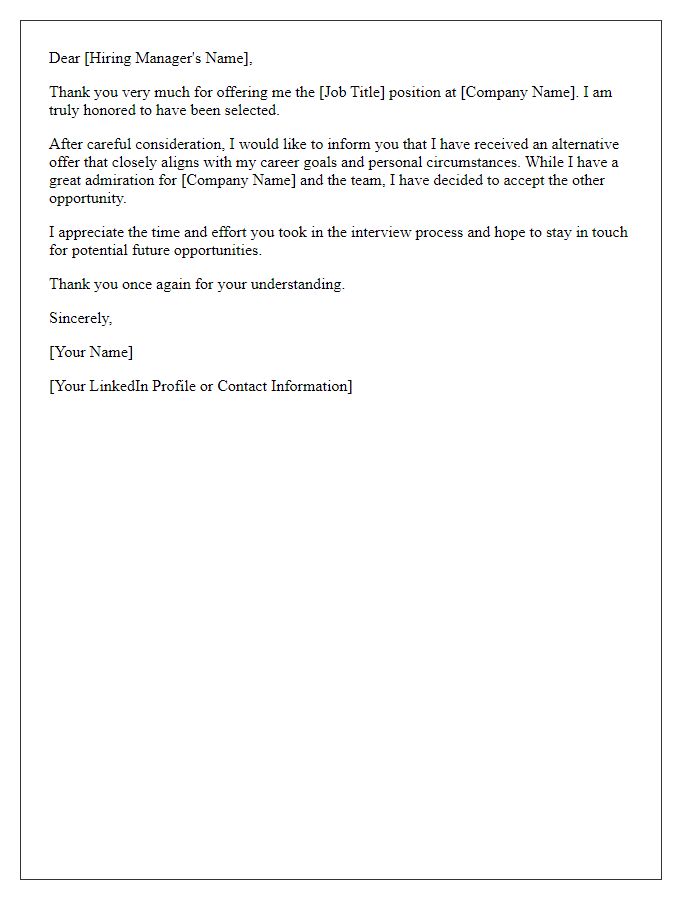 Letter template of job offer response to alternative offer