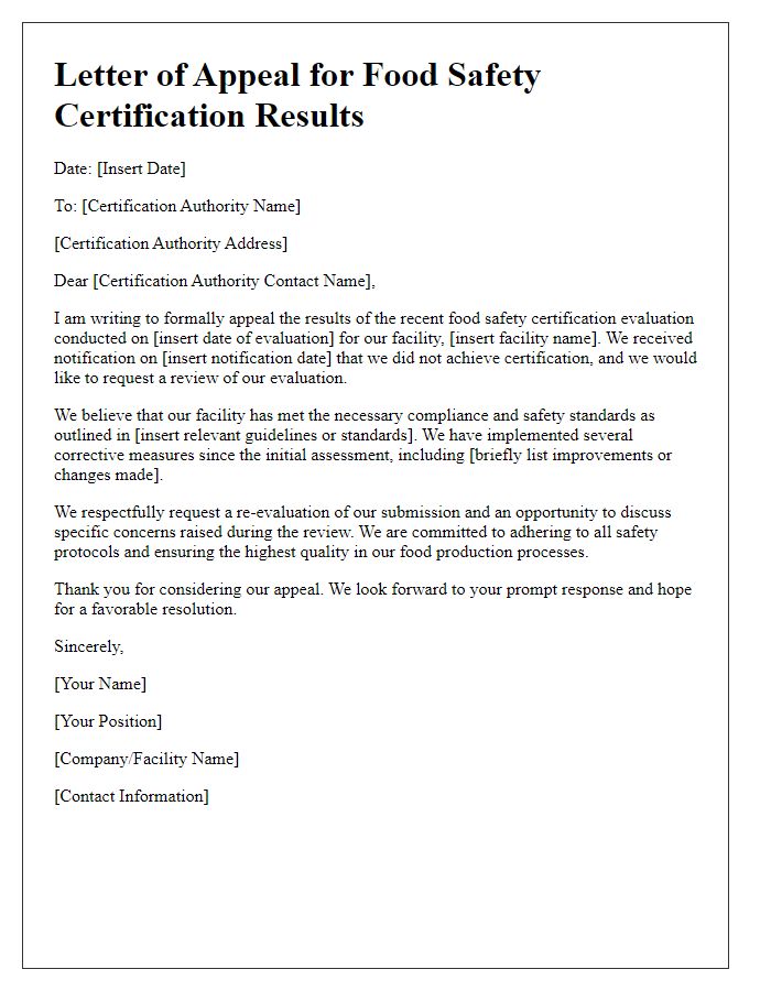 Letter template of appeal for food safety certification results.