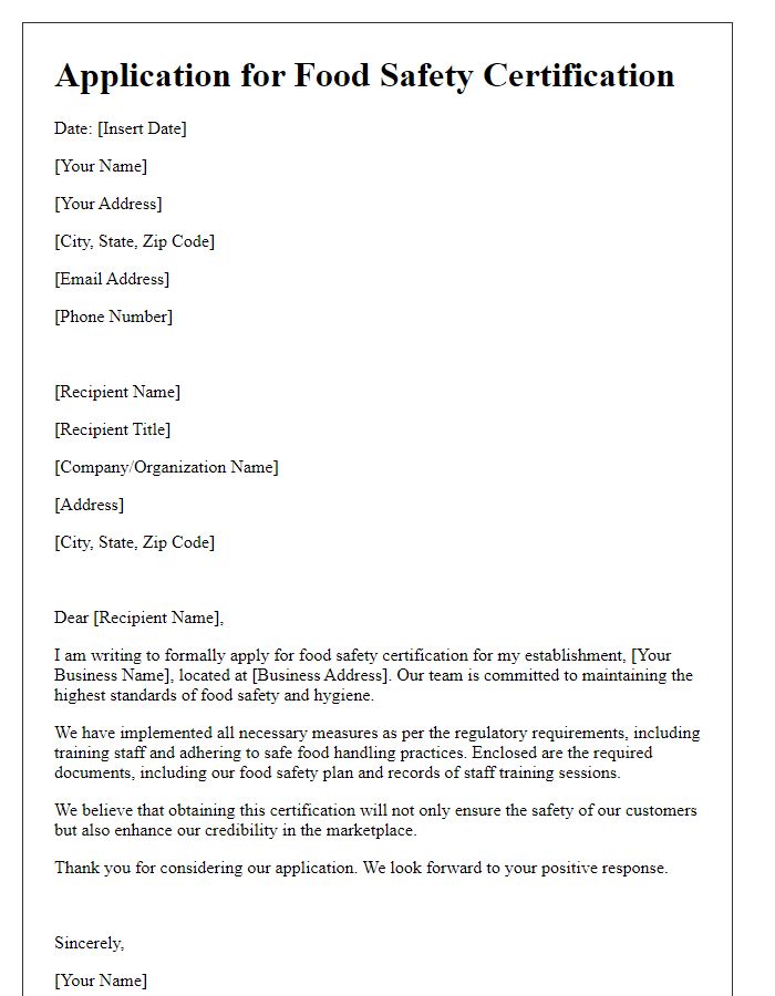 Letter template of application for food safety certification.