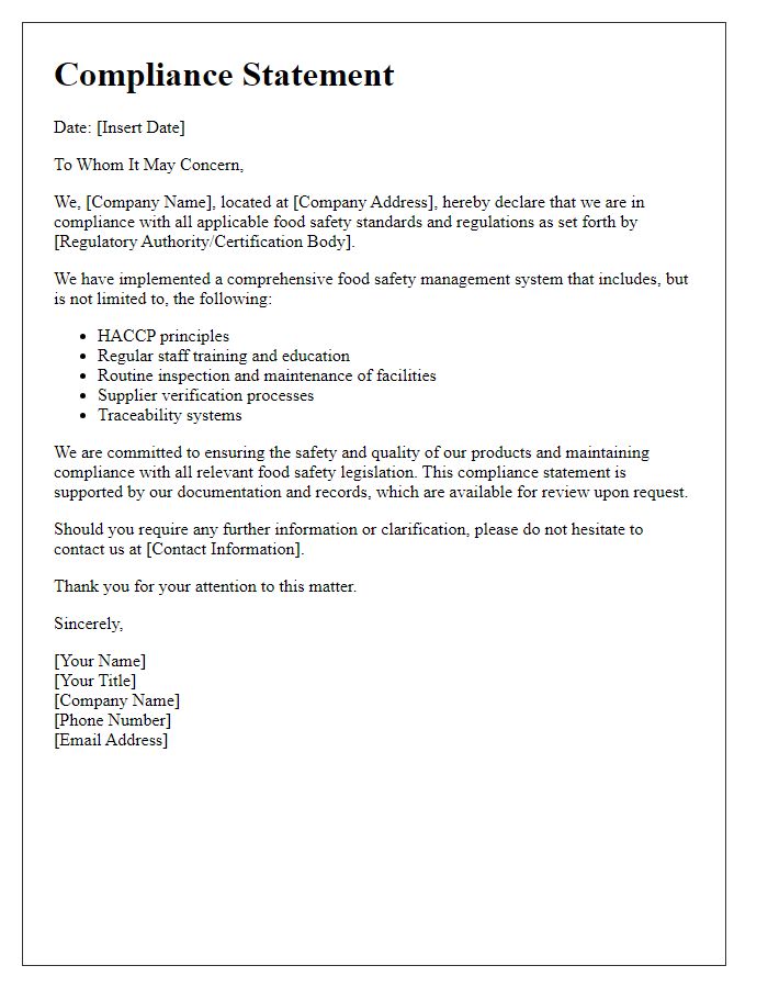 Letter template of compliance statement for food safety certification.