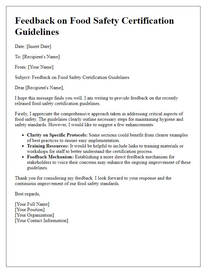 Letter template of feedback on food safety certification guidelines.