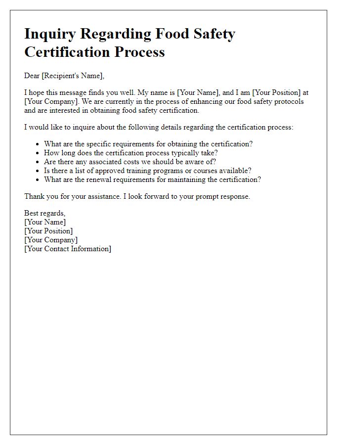 Letter template of inquiry regarding food safety certification process.