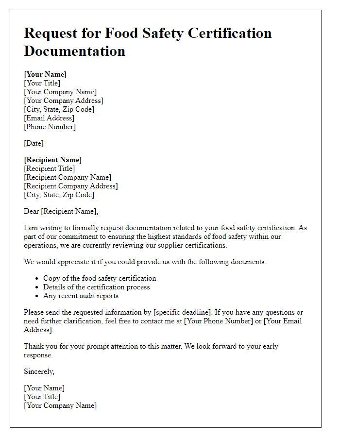 Letter template of request for food safety certification documentation.