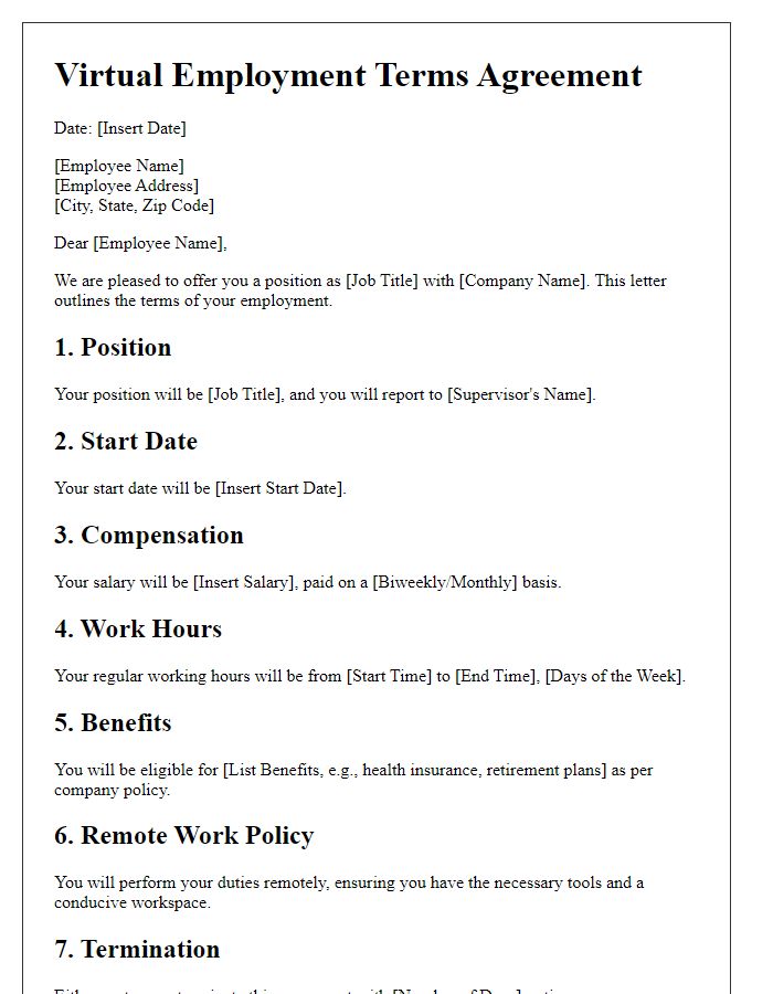 Letter template of virtual employment terms agreement