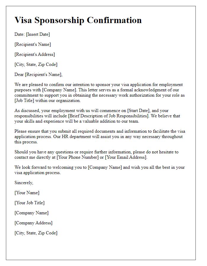 Letter template of visa sponsorship confirmation for employment purposes.