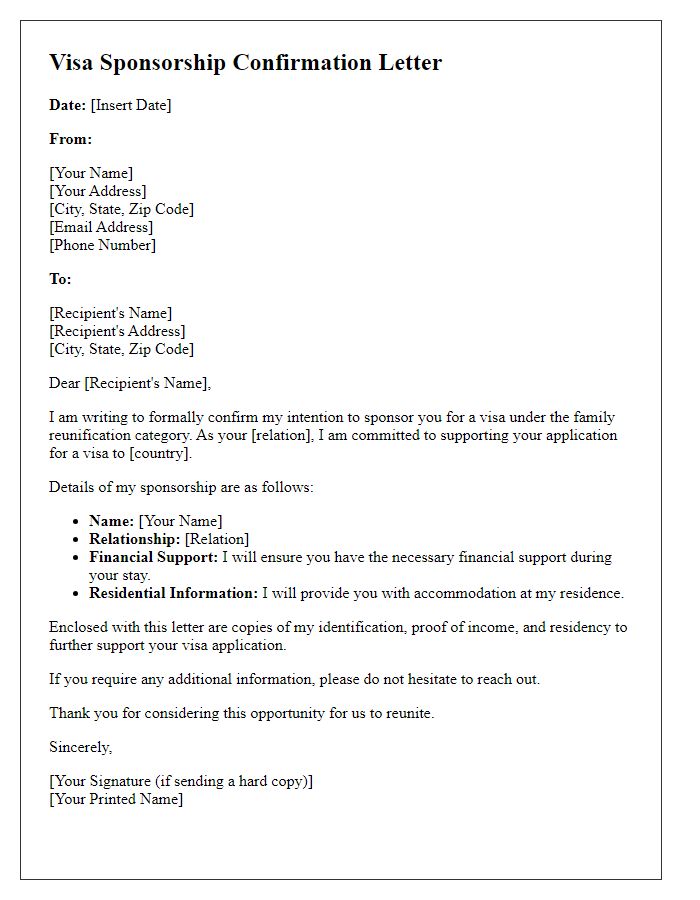 Letter template of visa sponsorship confirmation for family reunification.