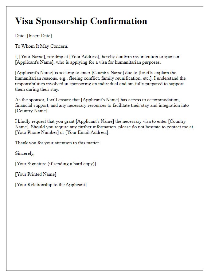 Letter template of visa sponsorship confirmation for humanitarian purposes.