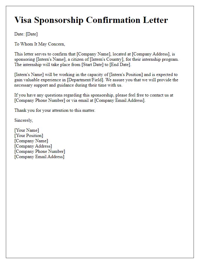 Letter template of visa sponsorship confirmation for international interns.