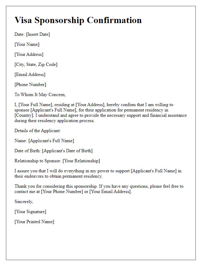 Letter template of visa sponsorship confirmation for permanent residency applicants.