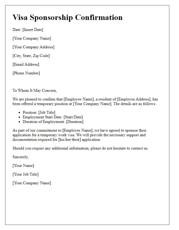 Letter template of visa sponsorship confirmation for temporary work visas.