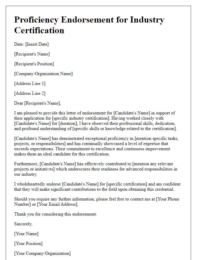 Letter template of proficiency endorsement for industry certification